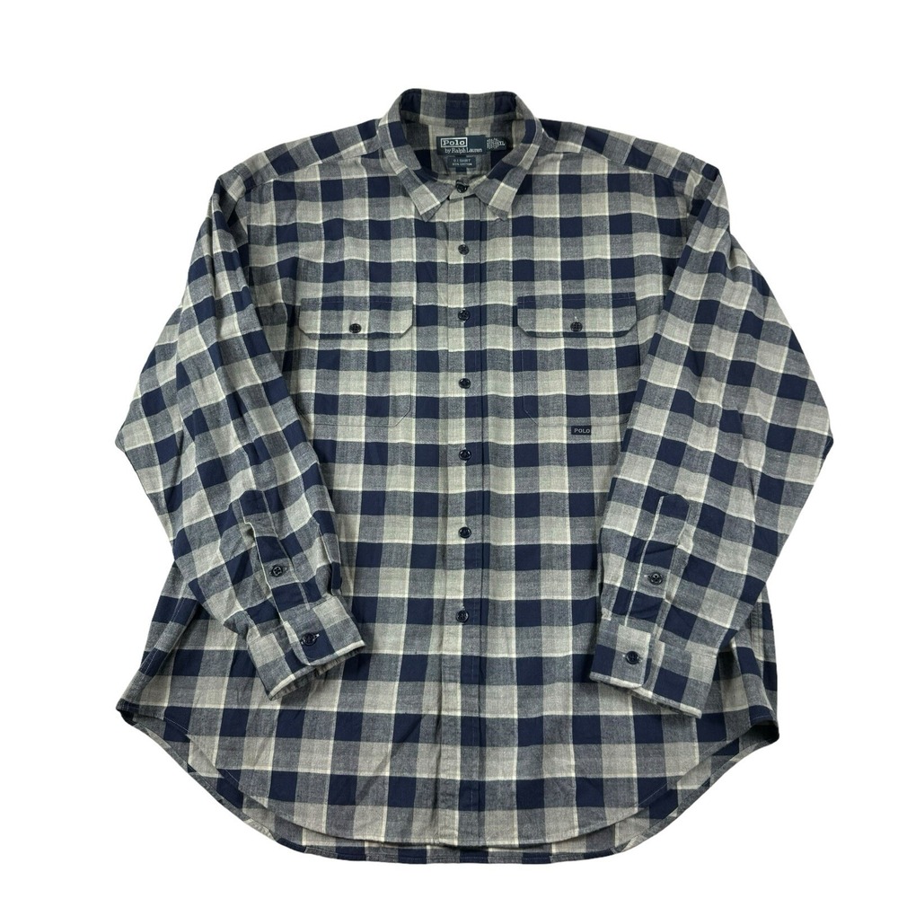 Polo Ralph Lauren Gray Blue Checked G.I. Shirt Dual Pocket Workwear Mens XL